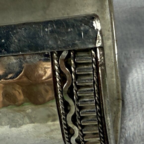 Wide Hammered Silver Tone Metal Cuff Bracelet Braided Textured Edging Boho - Picture 14 of 16